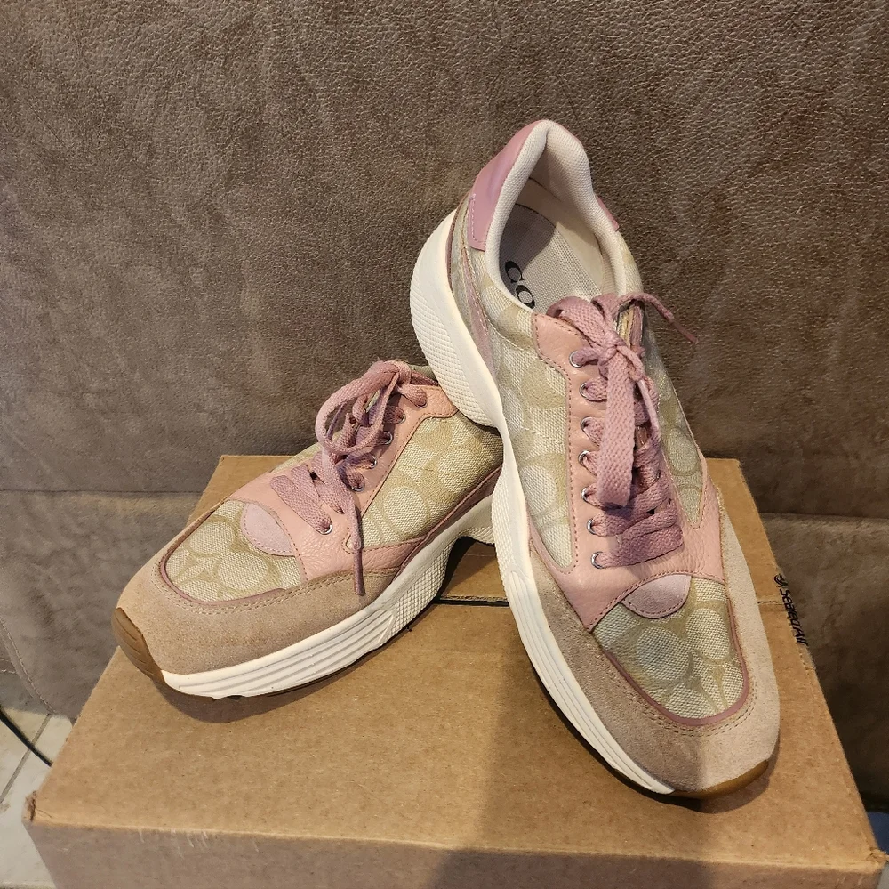 Coach Tech Runner Pink Beige Signature Lace Up Sneakers Size 10 - Picture 1 of 7